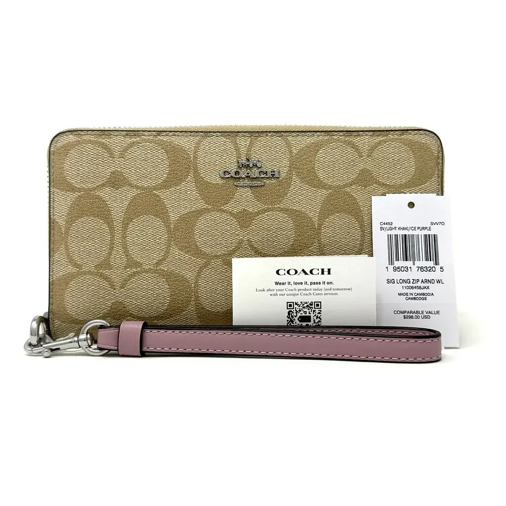 Coach Long Zip Around Wallet in Signature Canvas Light Khaki Ice Purple C4452
